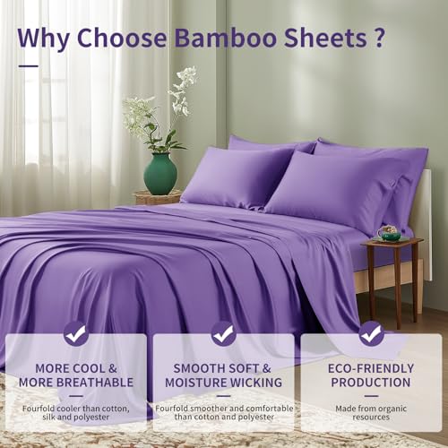 Image of Shilucheng 6 Piece King Sheet Sets, Cooling Sheets, Blend Rayon Derived from Bamboo, Deep Pocket Up to 16 inch, Breathable & Soft Bed Sheets, Hotel Silky Bedding Set, Purple