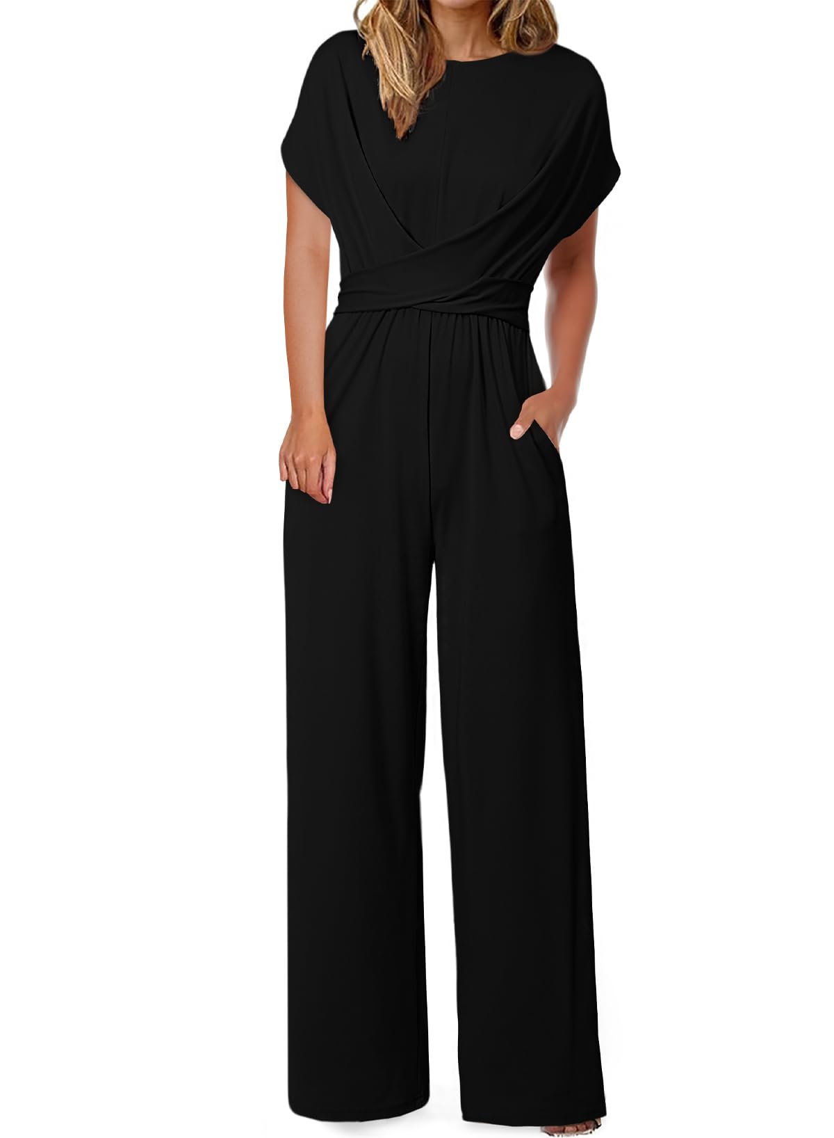 Happy Sailed Women Jumpsuits Dressy Short Sleeve Front Crisscross Tie Waist Belted Wide Leg Pant Romper with Pockets