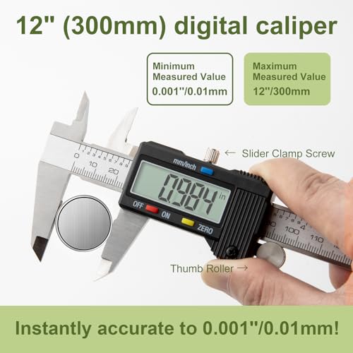 Digital Caliper 0-12"/300mm Measuring Tool with Metal Ruler, Micrometer Caliper with Auto-Off Feature, Interchangeable Between inches and millimeters for DIY/Household and 3D Printing, Black