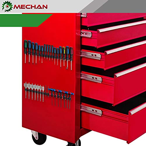 Mechan Magnetic Screwdriver Organizer Tool Holder Tray Rack, With Ultra Strong Neodymium Magnet Strip + Replacement Clips – Holds Screwdrivers, Drill Bits, Nail Sets,(Red Rail/Black Clips)