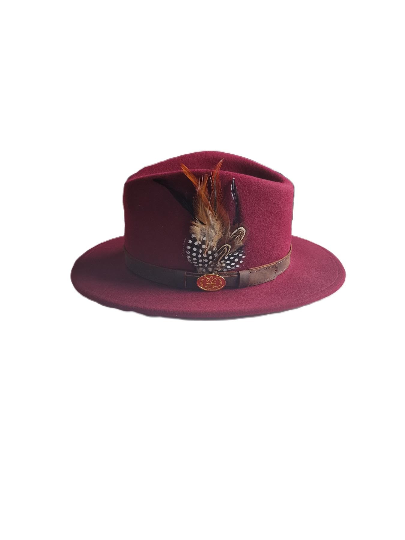 Hazy Blue Mens Ladies Fedora Wide Brim 100% Wool Blend Water Resistant Leather Band Felt Hat Pheasant Feather (UK, Alpha, M, Wine)