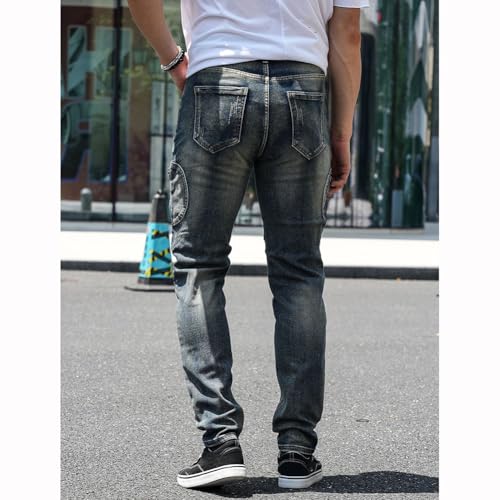Mens Slim Fit Bike Jeans Distressed Straight Leg Cargo Denim Pants 7