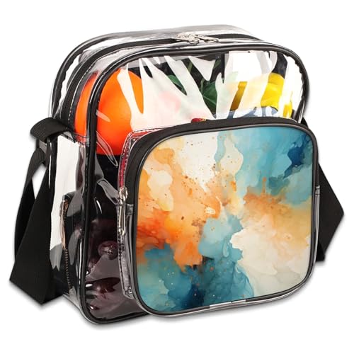Clear Crossbody Bag Stadium Approved Gouache Painting Transparent Bag for Festivals, Sports Events, Concerts,Beach Bag for Women Men Natural Luxury Clear Purse with Front Pocket Messenger Bag