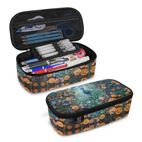 Image of Girls Pencil Case Peacock Flower Pencil Pouch Large Storage,Pencil Organizer for Kids Aesthetic Pencil Bag for Children Boys Sturdy Pen Box with Protable Handle Handbag Cion Purse