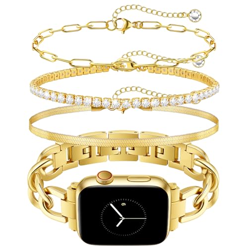 Image of JR.DM Gold Watch Bands and 3Pcs 18k Golden Bracelet Set for Women Compatible with Apple Watch 42mm(S3 /2 /1) /44 /45 /46 /49mm Adjustable Metal Dressy Bracelet for iWatch Series 11 /10 /9 /8 /7 /6 /5 /4 /SE /3 /2 /1