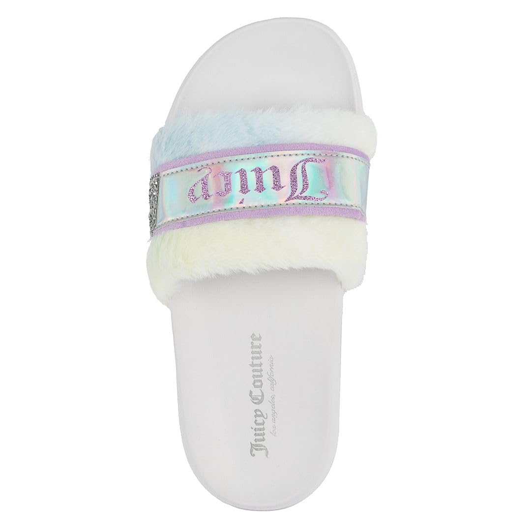 Juicy Couture Women's Fashionable Faux Fur Slide Sandals, Cozy Slip-On with EVA Sole for Indoor & Outdoor Slip-On: 7 White Tie Dye-stiches