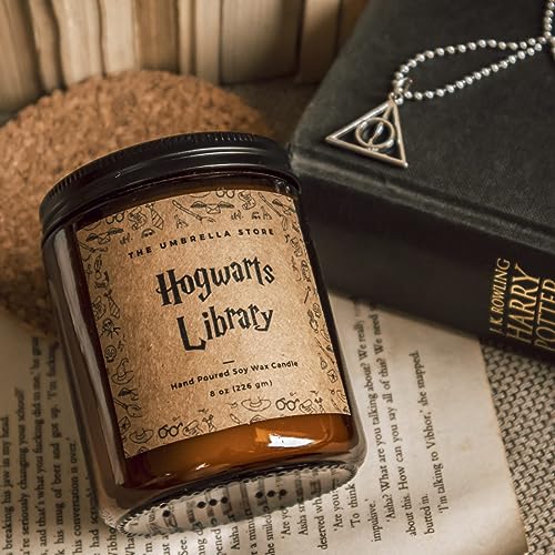 Image of THE UMBRELLA STORE Hogwarts Library Scented Candle, HP Themed Scented Candle, Vegan Hand Poured 100% Soy Wax Candle, Luxury Scented, Home Decor Candle, Woody