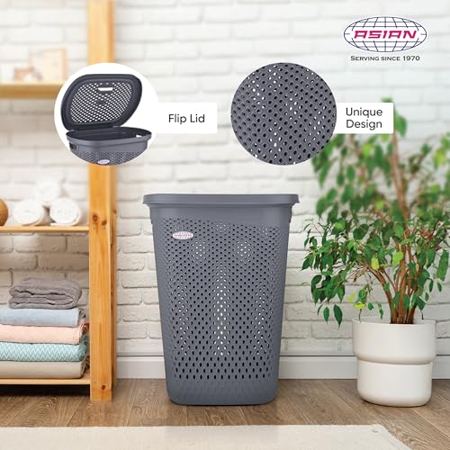 Image of Asian Plastowares - Verona Laundry Basket with Lid | Large Size | Multi-Utility Storage Basket /Bin for Clothes, Toys, Kitchen & Household | BPA Free | Durable & Space-Saving | Dark Grey