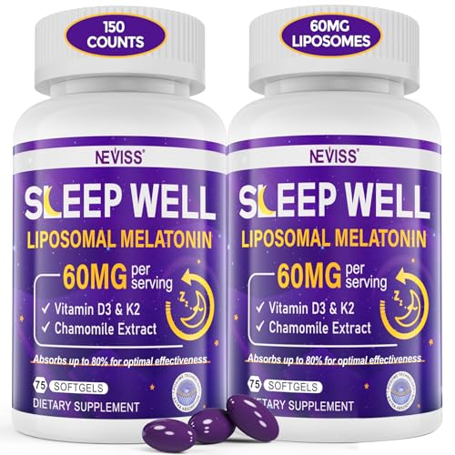 Melatonin 60mg for Adults High Dose Supports Deep Rest & Brain Cognition Extra Strength Liposomal Melatonin with Vitamin D3 K2 Chamomile for Sound Zzz Cycle Immune & Antioxidant 150 Softgels