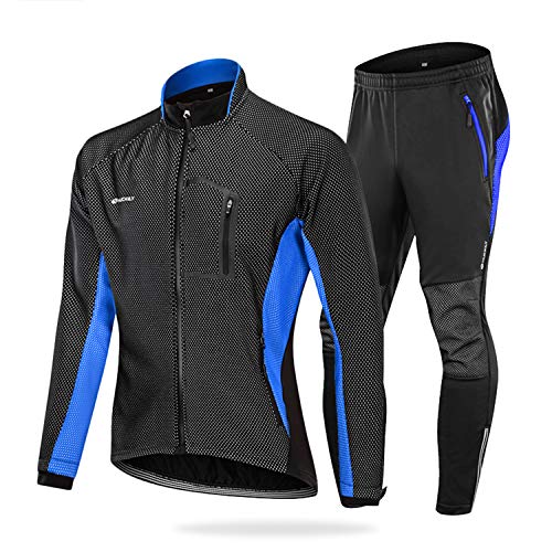NUCKILY Conjunto de ropa de ciclismo para hombre, cortavientos, térmica, chaqueta de invierno, ropa de montaña, camiseta de manga larga y pantalones de ciclismo con acolchado 3D para el asiento, ME020