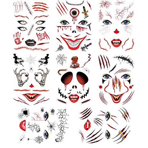 Kotbs 8 Sheets Halloween Temporary Tattoos, Face Tattoo Temporary Sticker Day of the Dead Skeleton Scar Tattoos for Women Men Adult Kids Halloween Parties