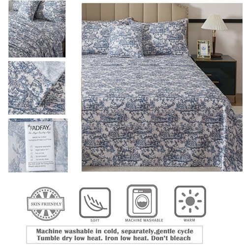 Image of FADFAY Blue Toile Sheets Set Cal King French Country Vintage Farmhouse Bedding Exotic Scenic Floral Bedding 100% Egyptian Cotton Soft Sheet Set with Deep Pocket Fitted Sheet 4Pc, California King Size