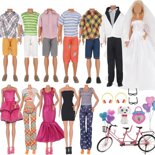EuTengHao 30Pcs Doll Clothes and Accessories for 12 inch Boy and Girl Doll Includes 12 Set Wear Clothes Jeans and Wedding Dresses Tandem Bike Glasses Dog Bag and Colorful Balloons for 12 Inch Dolls