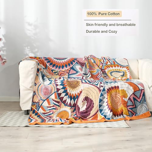 Boho Throw Blanket, 100% Organic Muslin Cotton Skin-friendly Breathable Ultra Soft Bed Quilt Throw - All Season Bohemian Decor Luxury Colorful Blanket for Sofa Couch Chair and Gift. 50" x 60"