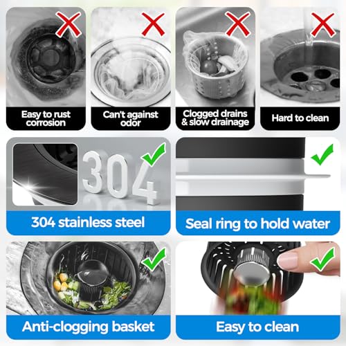 Image of zaa 3 in 1 Kitchen Sink Drain Strainer Stopper Removable Basket Pop-Up