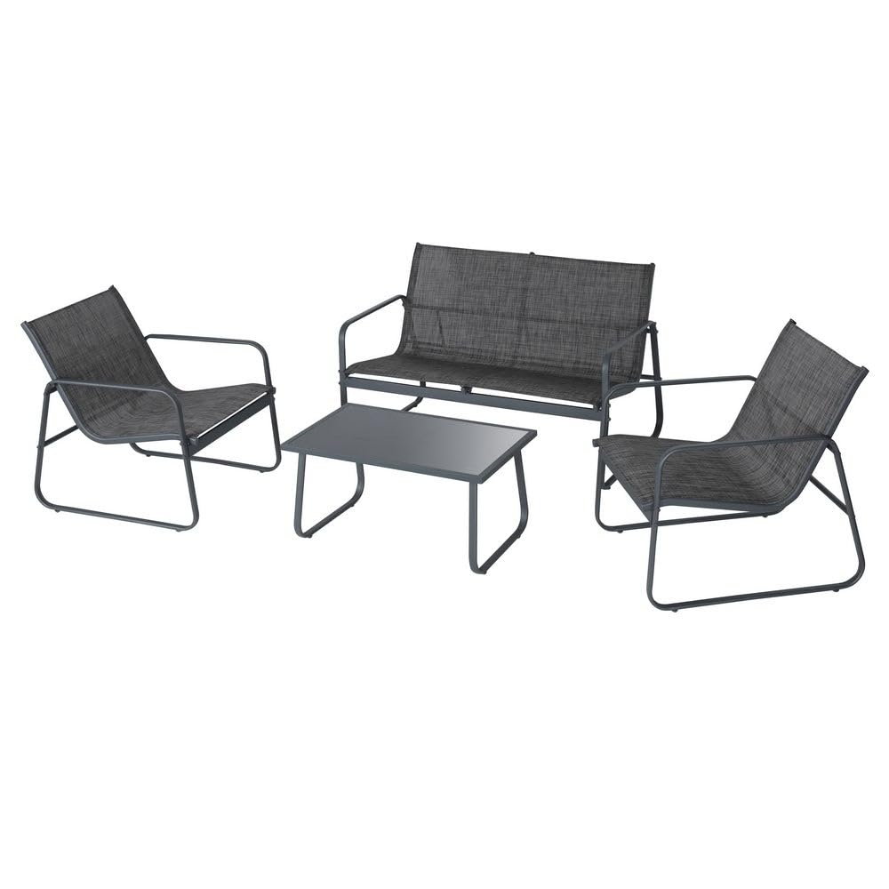 MONTY Set de Jardín diseño Chic en Color Antracita. Compuesto por 1 Sofá, 2 Sillones y 1 Mesa. Tratamiento anticorrosión y UV. Resistente Estructura de Acero, Tejido Reforzado y Cristal Templado