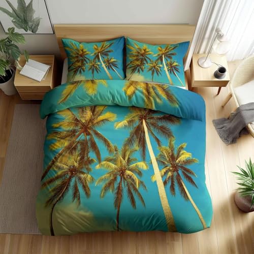 SJSXWQN布団カバー シングル ヤシの木 枕カバー 付掛け布団カバー シングル 通気性 ポリエステル抗菌防臭 防ダニ 布団カバー(150x210cm)+ 2枕カバー(43x63cm)