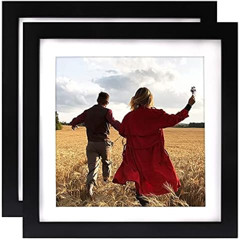 10x10 Black Picture Frames with 8x8 Mat, Classic Solid Wood Photo Frames Set for Wall or Tabletop Decoration, 2 Pack Cover