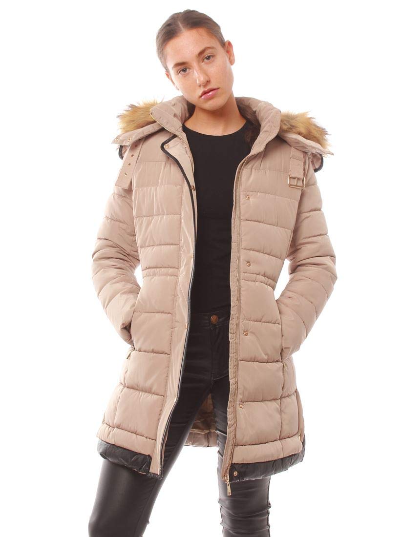 Ss7 Women's Stone Longline Puffer Parka Coat With Faux Fur