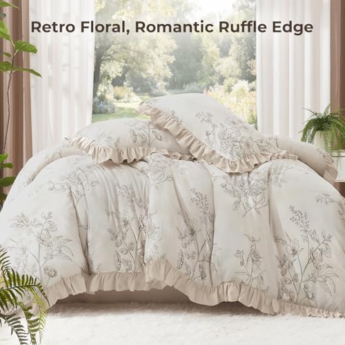 Image of Litanika Beige Brown Full Comforter Sets, 3 Pieces Khaki Ruffle Floral Farmhouse Bedding Comforter Sets, All Season Soft Lightweight Fluffy Microfiber Bed Set(79x90In Comforter, 2 Pillowcases)