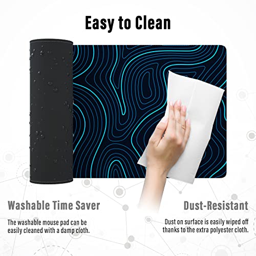 Image of Ovenbird Gaming Mouse Pad with Stitched Edges, Topographic Map Blue Extended XL Mousepad with Anti-Slip Base, Cool Large Mouse Pad for Desk, 31.5 x 11.8 in, Blue