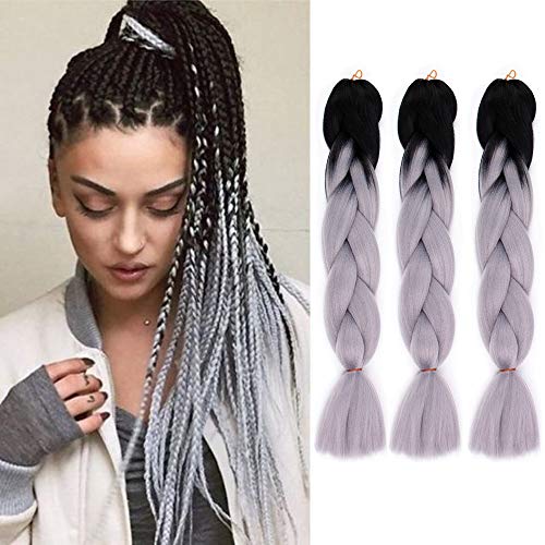 3Pcs/Lot Ombre Jumbo Braids Hair 24 Inchs Synthetic High Temperature Fiber Braiding Hair Extensions for Women (T1B Grey)
