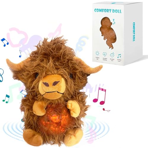 Image of Baloco Highland Cow Stuffed Animals Anxiety Relief Highland Cow Plush Toy with Rhythmic Breathing Motion & Music Lights Portable Soothing Highland Cow Plush Toy (Highland Cow)