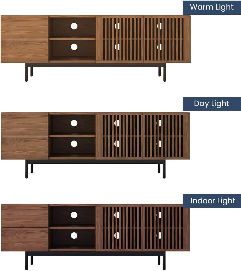 POVISON Mid Century Modern TV Stand, 62.99" Walnut Solid Wood Media Console for 55 inch TV, Full Assembled Entertainment Center with Storage for Living Room, Tall Cabinet with Metal Legs