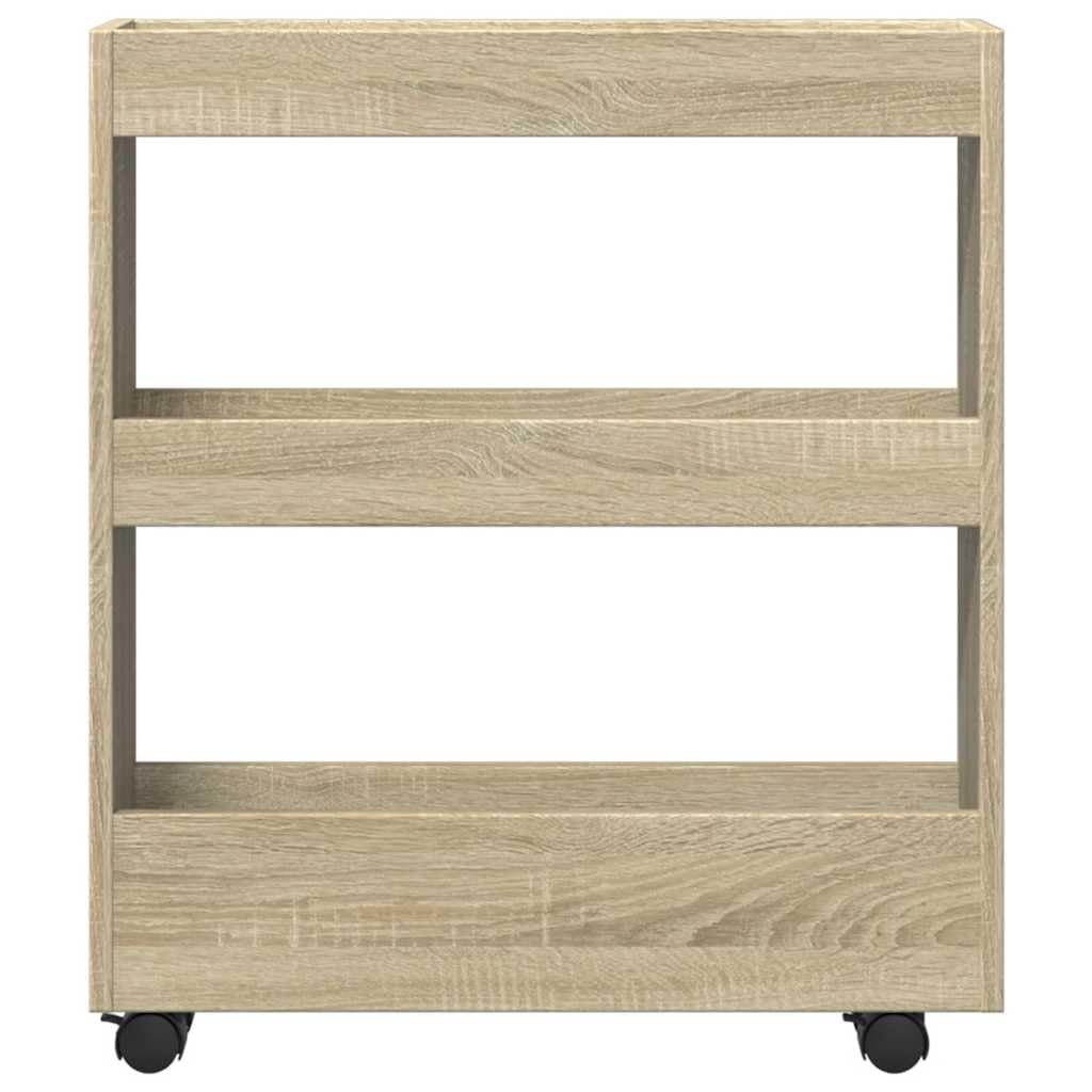 Carro estrecho de 3 pisos con ruedas, roble Sonoma, 60 x 18 x 70 cm
