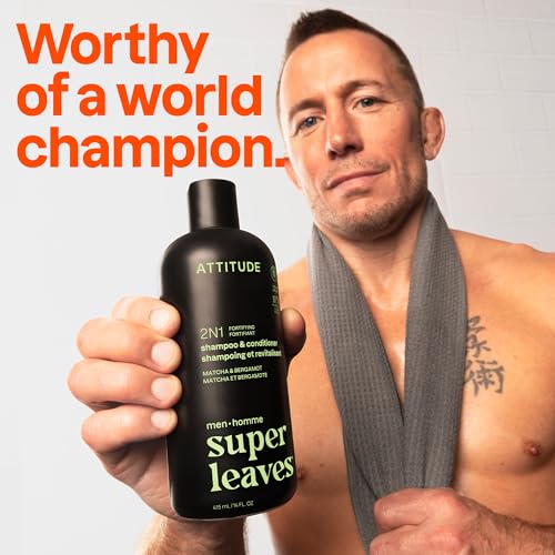 Image of ATTITUDE Men's Shampoo and Conditioner 2-in-1, Fortifying For Fragile Hair, With Caffeine and Green Tea, 97% Natural Origin Ingredients, EWG Verified, Matcha & Bergamot, 32 Fl Oz