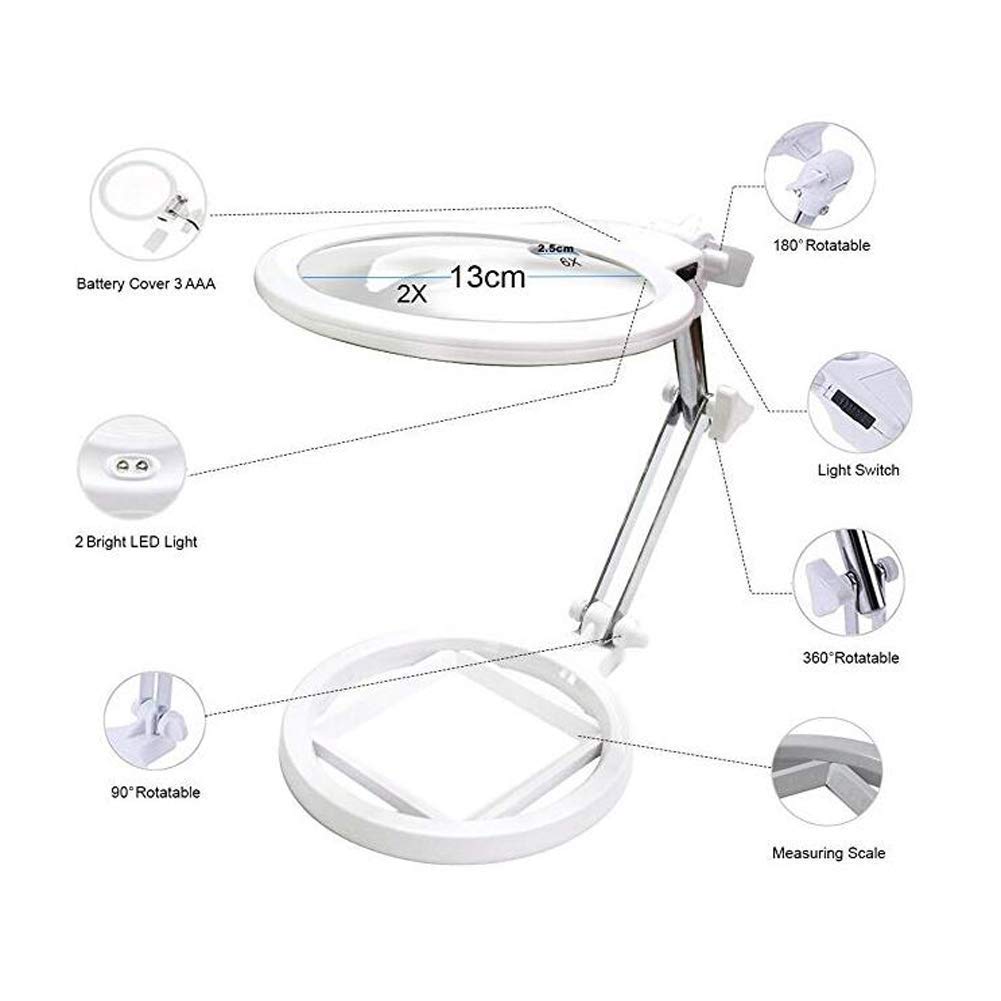 Lente d'ingrandimento da tavolo grande con supporto, lampada da scrivania con lente d'ingrandimento illuminata a LED 2X 6X, mani libere per lettura per ipovedenti, design di gioielli, ricamo, art
