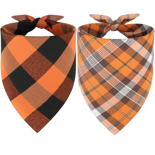 Image of Vivifying Hollaween Dog Bandanas, 2 Pack Reversible Cotton Fall & Thanksgiving Plaid Pet Scarves for Large & Extra Large Dogs, Autumn Triangle Dog Bibs for Everyday Use (XL, Yellow & Orange)