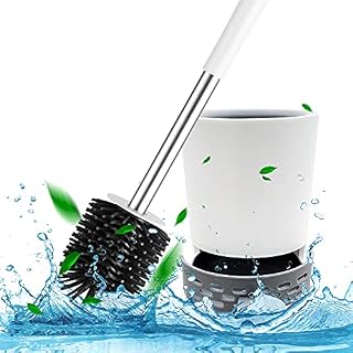 Toilet Brush with Drainage Holder Set,Flex Silicone Anti-Clog Anti-Drip Brush Head, White/Grey Colour with Stainless Steel Handle, 1-Pack
