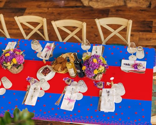 Image of Oudain 3 Pcs Blue and Red Tablecloth for Parties Plastic Dot Tablecloths Printed Table Runner Waterproof Disposable Rectangle Table Cover for Christmas Birthday Wedding Party, 54 inch x 108 inch