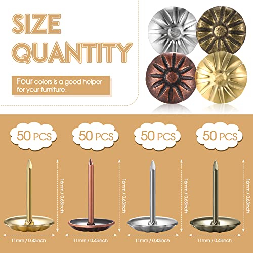 200 Pcs Upholstery Tacks For Decorative Furniture Upholstery Nails 7/16 Inch Vintage Head Diameter Brass Daisy Thumb Tack Push Pin Furniture Diy Decorative (Antique Brass, Gold, Red Copper, Sliver) #TOP5