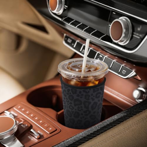 Image of Insulated Neoprene Cup Sleeve for Iced Coffee & Cold Soda - Reusable & Sweatproof, Keeps Drinks Cold Longer, Coffee Coolie for Hot & Iced Drinks (Black Leopard Print, Small: 16-18oz)