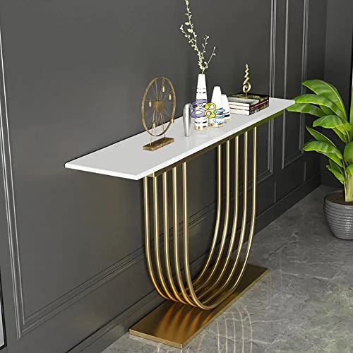 Image of Brown Art SHOPPEE Elegant Metal U Side Tables Console Sofa Tables End Table with Engineered Wood Top and Metal Frame Coffee Snack Console Tables for Living Room Or Corridor Hallway (Gold & White)