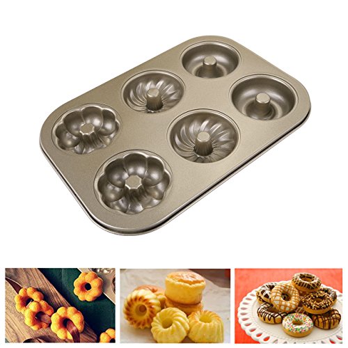 6-Cavity Mini Donut Pan, WarmHut 3 Pattern Carbon Steel Nonstick Donut Mold, Cake Baking Tray Maker Pan for Cake Biscuit Bagels Donut Cake Mold, Madeleine Pan