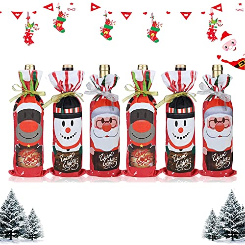 Sacs de Bouteilles de Vin de Noël,6 Pièces Tissu Non Tissé de Premium Créatif De Noël Bonhomme De Neige Cerf Ensemble De Vin Sacs Cadeaux Bouteilles Sacs De Vin Rouge Réutilisables pour Les Fêtes Cover