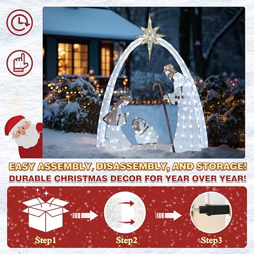 Yardenaler PG0403-05-V Lighted Nativity Scene Set For Christmas Decoration, 5Ft Pre-Lit Iridescent Nativity Scene Xmas Decor With 150 Led Lights, 3D Glittered Standing Holiday Display For Outdoor thumb #4