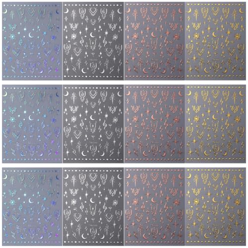 Image of MAYCREATE 12 Sheets Metallic Nail Art Stickers for Women 3D Self-Adhesive Nail Decals Star Moon Metallic Nails Design Sticker for DIY Nails Art Design Decoration Accessories | Self-Adhesive Star Moon Designs, Easy Nail Decoration, Peel and Apply, Nail Accessories for DIY Manicures