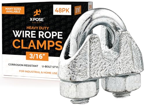 Wire Rope Clamp for Stainless Steel Wire Rope - 3/16" Galvanized U Bolt Style Cable Clips - For Guy Line, Metal Fence, Antenna, Clothesline, Rigging Hardware, Batting Cage - by Xpose Safety Pack of 48