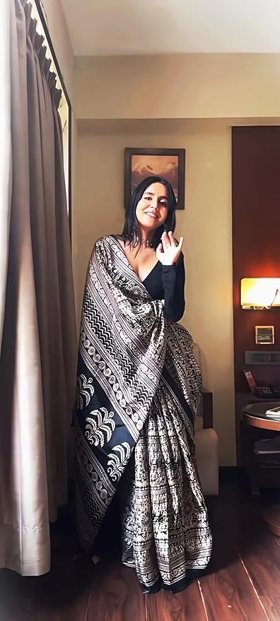Women's Art Silk Cotton Kalamkari Print Saree with Blouse Piece, Traditional Indian Ethnic Saree, Lightweight Soft Fabric, Party Wear & Casual Wear, Jet Black & Beige, One Size