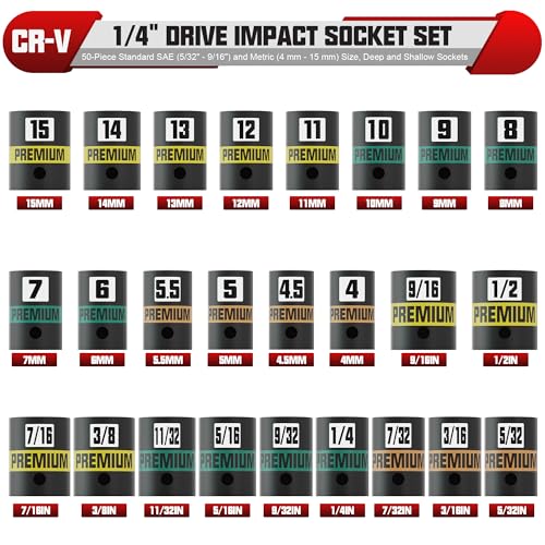 Image of 1 /4 inch Drive Impact Socket Set, 50-Piece Standard SAE (5 /32 inch - 9 /16 inch) and Metric (4 mm - 15 mm) Size, Deep and Shallow Sockets, Cr-V Steel, 6 Point, Auto Repair Bicycle Maintenance
