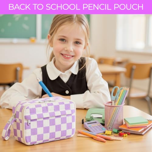 Image of WOBAGMEN Cute Pencil Case,Large Corduroy Zippered Pencil Case Pouch, Aesthetic Pencil Bag with Compartments(Purple Gingham)