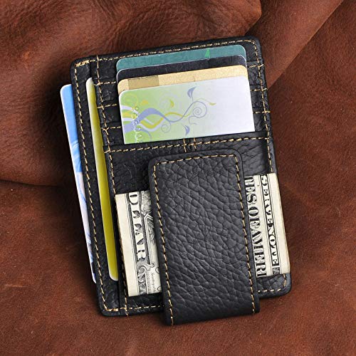 Image of Le'aokuu Genuine Leather Magnet Money Clip Credit Card Case Holder Slim Wallet