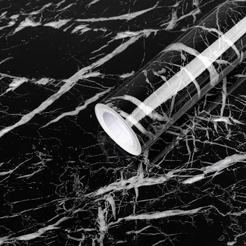 Abyssaly Black and White Marble Contact Paper, Granite Kitchen Wallpaper Peel and Stick Countertops, Glossy Self Adhesive Removable Marble Counter Paper Roll for Cabinets 15.7in X 118in