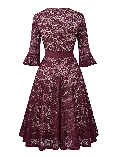 Women Elegant lace Dress Prom Dress Wedding Reception Dress Bride Guest Wine Red Small - Thumbnail 5