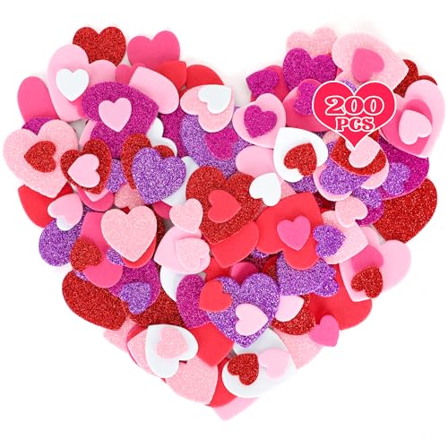 200 PCS Valentines Stickers, Self-Adhesive Foam Heart Stickers Valentines Decor, 3 Sizes Glitter Foam Hearts Valentine's Crafts, Valentine Stickers for Envelopes Invitations Card Making