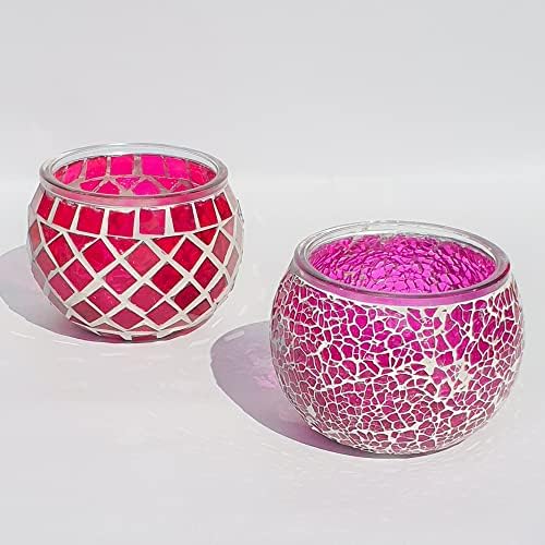 Mosaic Glass Candle Holder Vintage Jar Tea Light Holders Romantic Tea Light Candle Holder Home Decoration with Upto 8 Hour Burn Tea Light Candles (4 Pack)